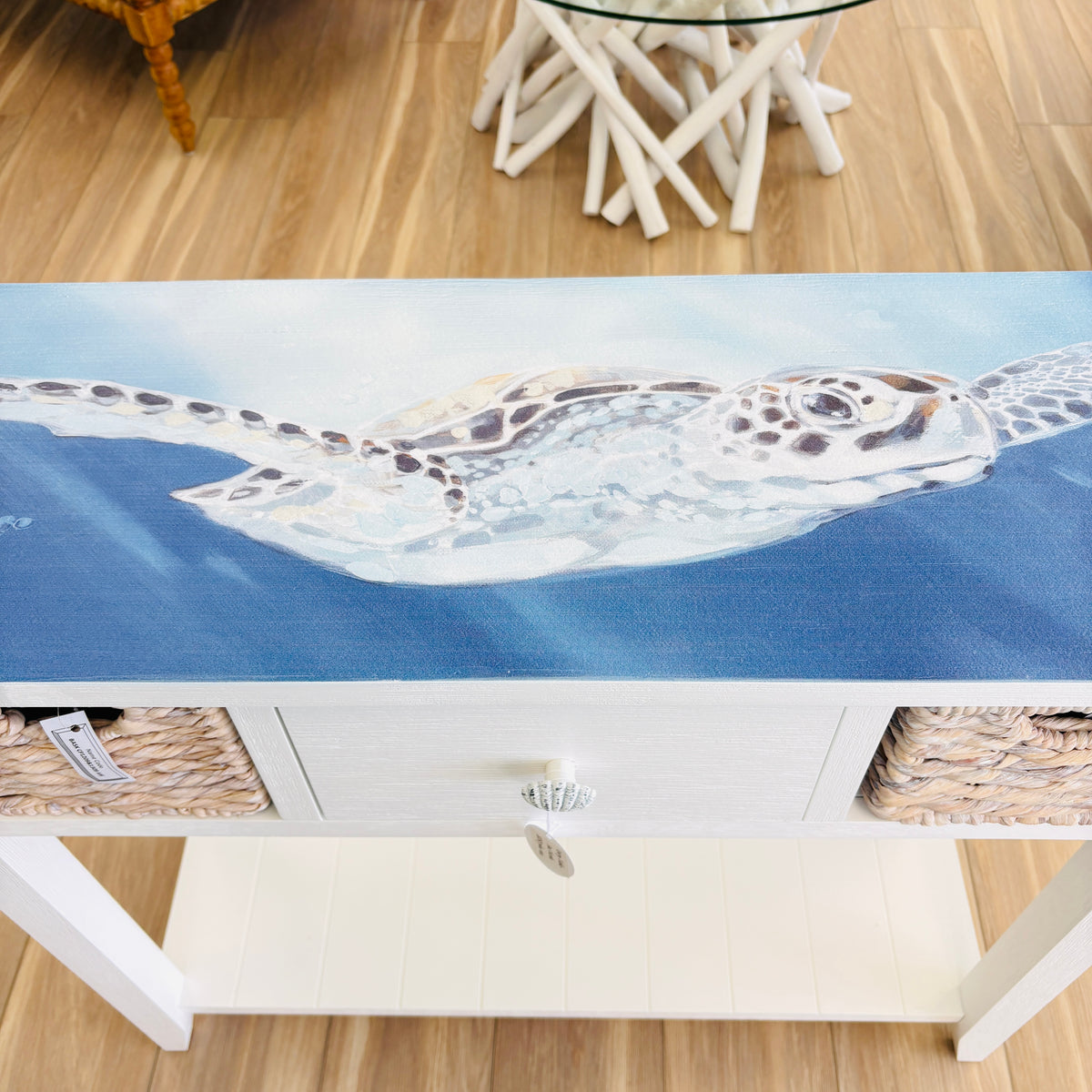 Coastal Entry Table with Drawer and Baskets w/Anastasia Musick Art
