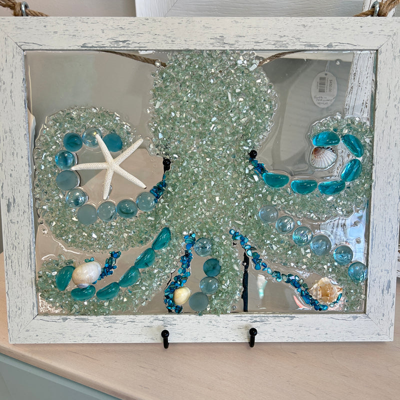 Coastal Glass Art w/ Shells, Glass, Resin, Sand- 11"x 14"