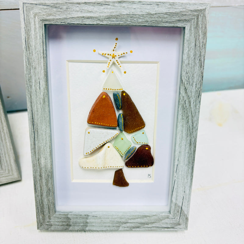 Assorted Christmas Trees Framed Seashell & Driftwood Art