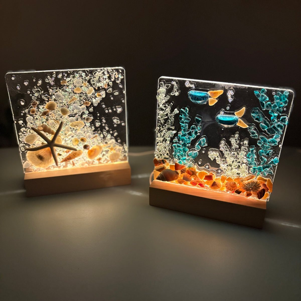 Acrylic LED Lights w/ Coastal Designs in Glass, Sand, Shells Resin