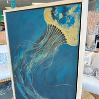 Framed 26"x 38"Blue & Gold Jellyfish Original Paintings Sunshine & Sweet Peas Coastal Decor