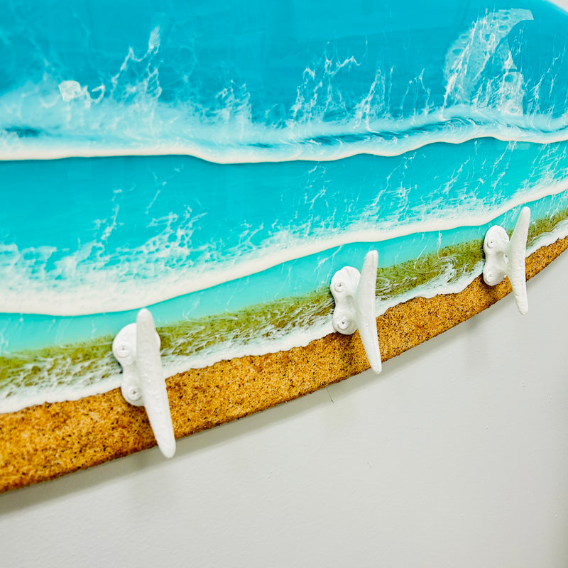Coastal Teal Surfboard Resin Wall Coat/Towel Hanger with Metal Boat Cleat Hooks