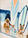 Dogs on the Beach w/ Surfboards Framed Print