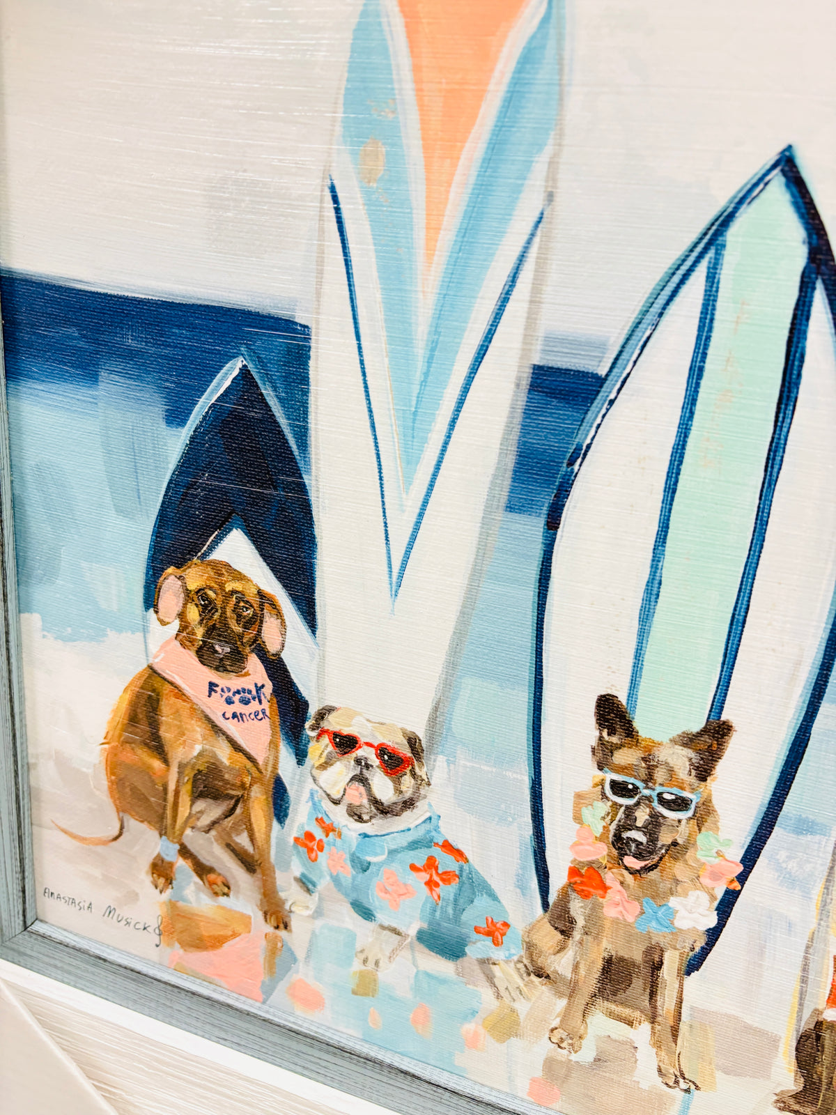 Dogs on the Beach w/ Surfboards Framed Print