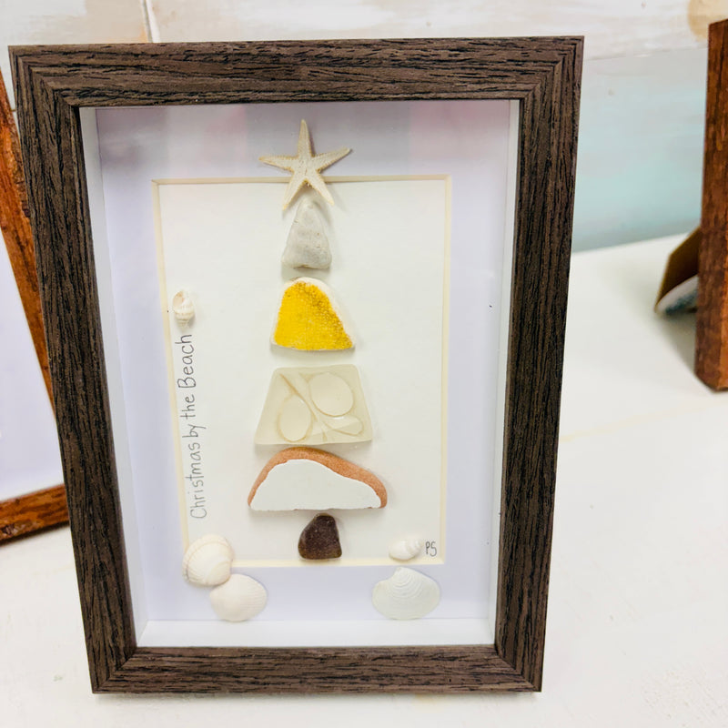 Assorted Christmas Trees Framed Seashell & Driftwood Art