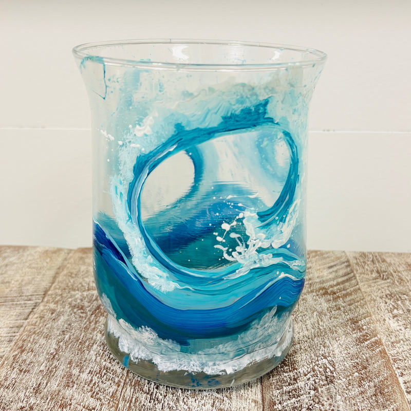 Hand Painted Cresting Waves Glass Hurricane/Vase