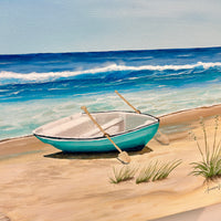 Carribean Beachscape with Boat and Chairs Ashore Painting