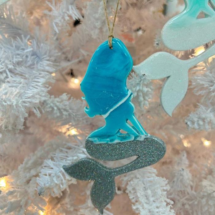 Assorted Sitting Mermaid Wooden Ornaments w/ Resin and Sand or Glitter Ornaments Sunshine & Sweet Peas Costal Decor