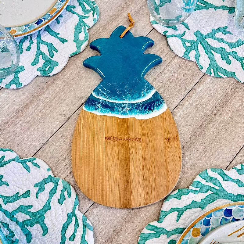 Pineapple Bamboo Charcuterie Boards with Teal Resin - Sunshine & Sweet Pea's Coastal Decor