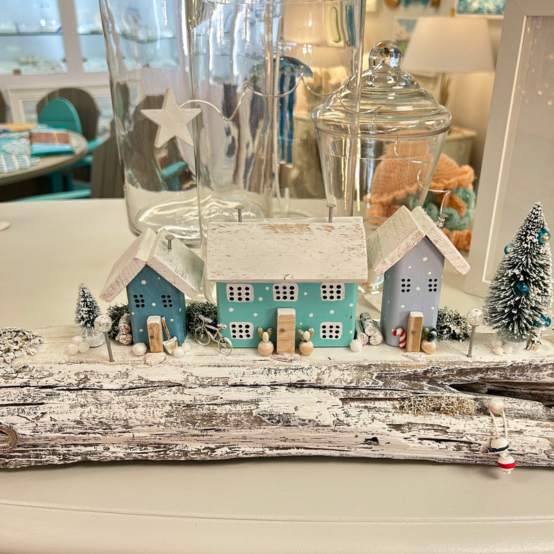 Winter Beach Houses w/ Lighthouse Scene on Driftwood