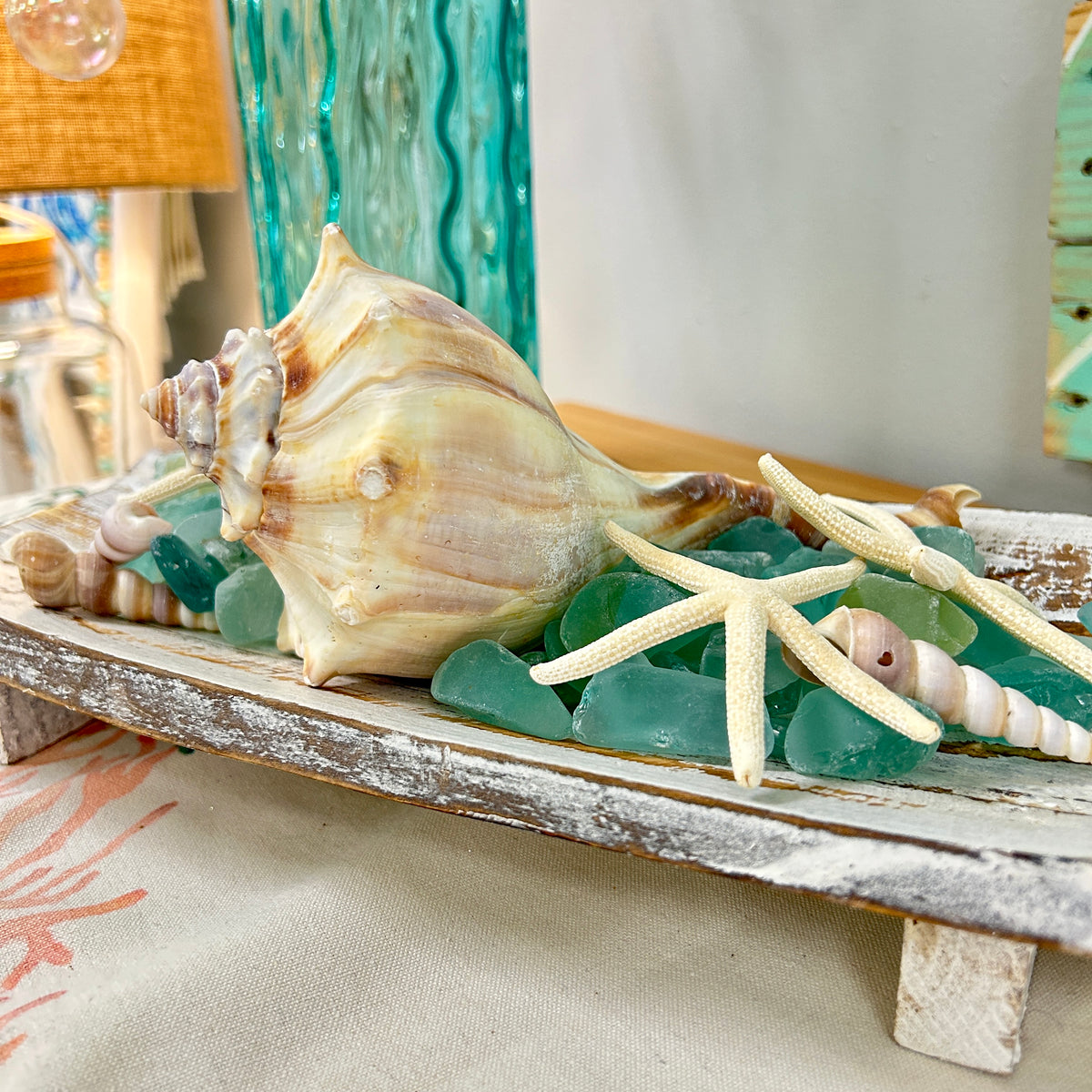 Small Hand Carved Rectangular Wooden Raised Tray Centerpiece w/ Shells, Starfish, & Seaglass