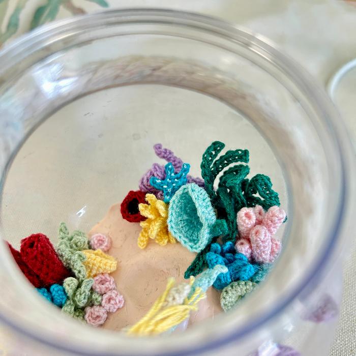 Hand Micro Crocheted Fishbowl w/ Mermaid Sunshine & Sweet Peas Coastal Decor