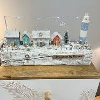 Christmas By The Sea Winter Cottage Scene on Driftwood w/Lighthouse