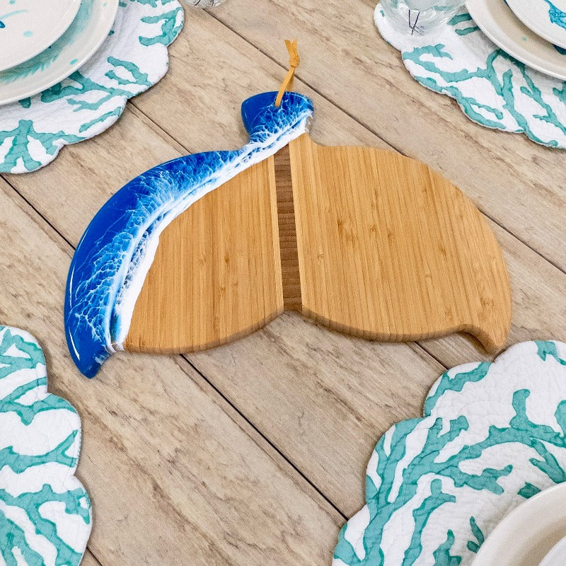 Whale Tail Bamboo Charcuterie Boards with Blue Resin - Sunshine & Sweet Pea's Coastal Decor