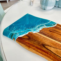 Beach Inspired Teal Resin 27" Live Edge Wood Charcuterie Board Carved Handles Sunshine & Sweet Peas Coastal Decor