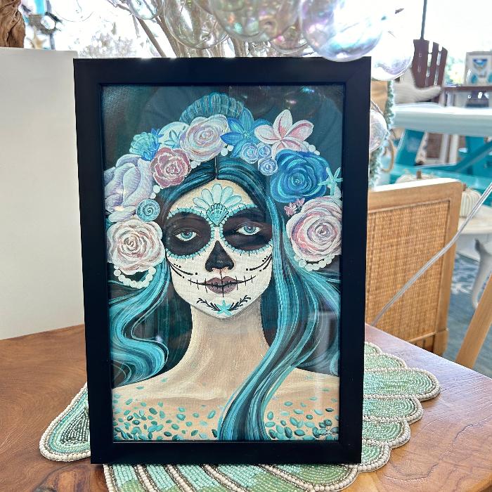 Framed Mermaid Sugar Skull Embellished Print