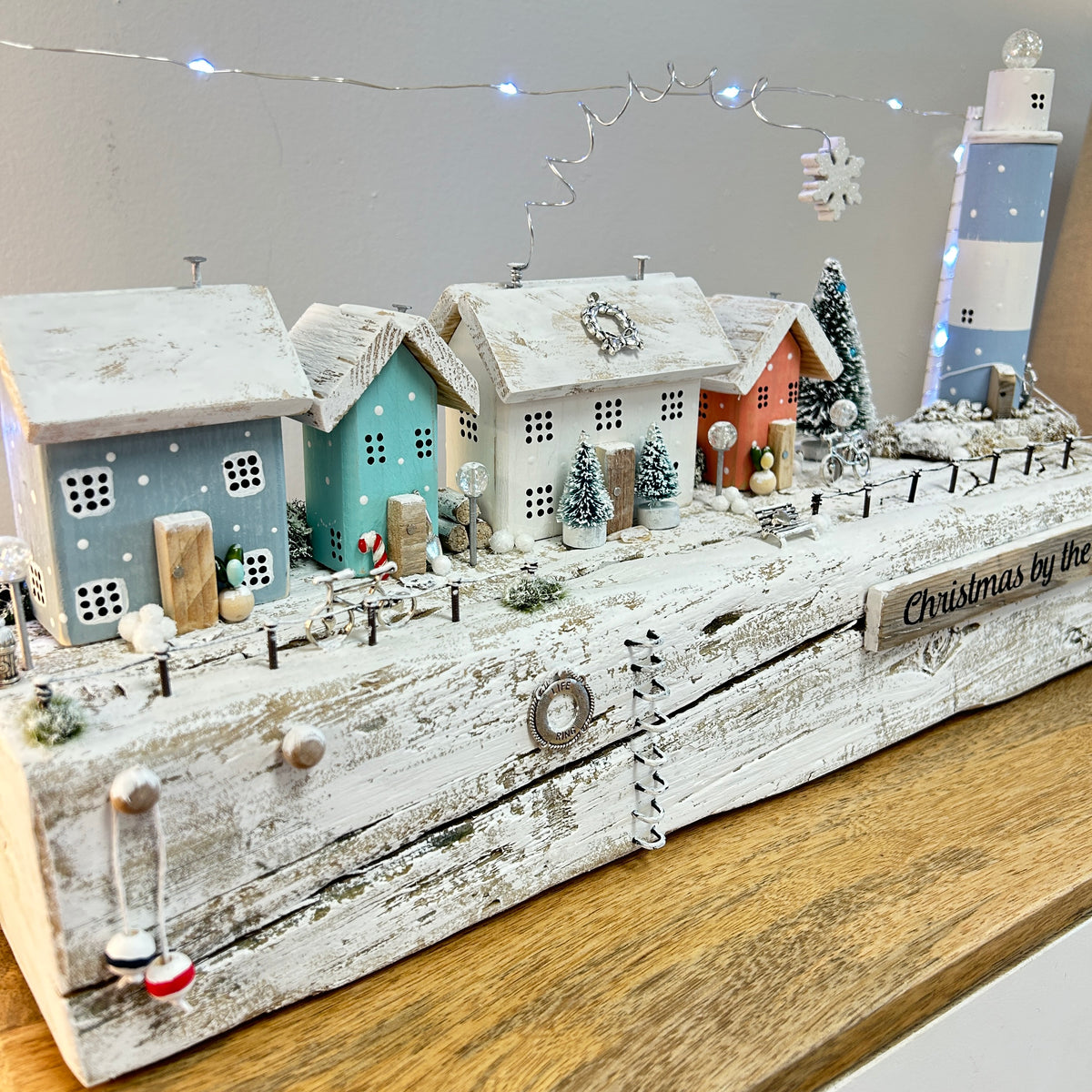 Christmas By The Sea Winter Cottage Scene on Driftwood w/Lighthouse