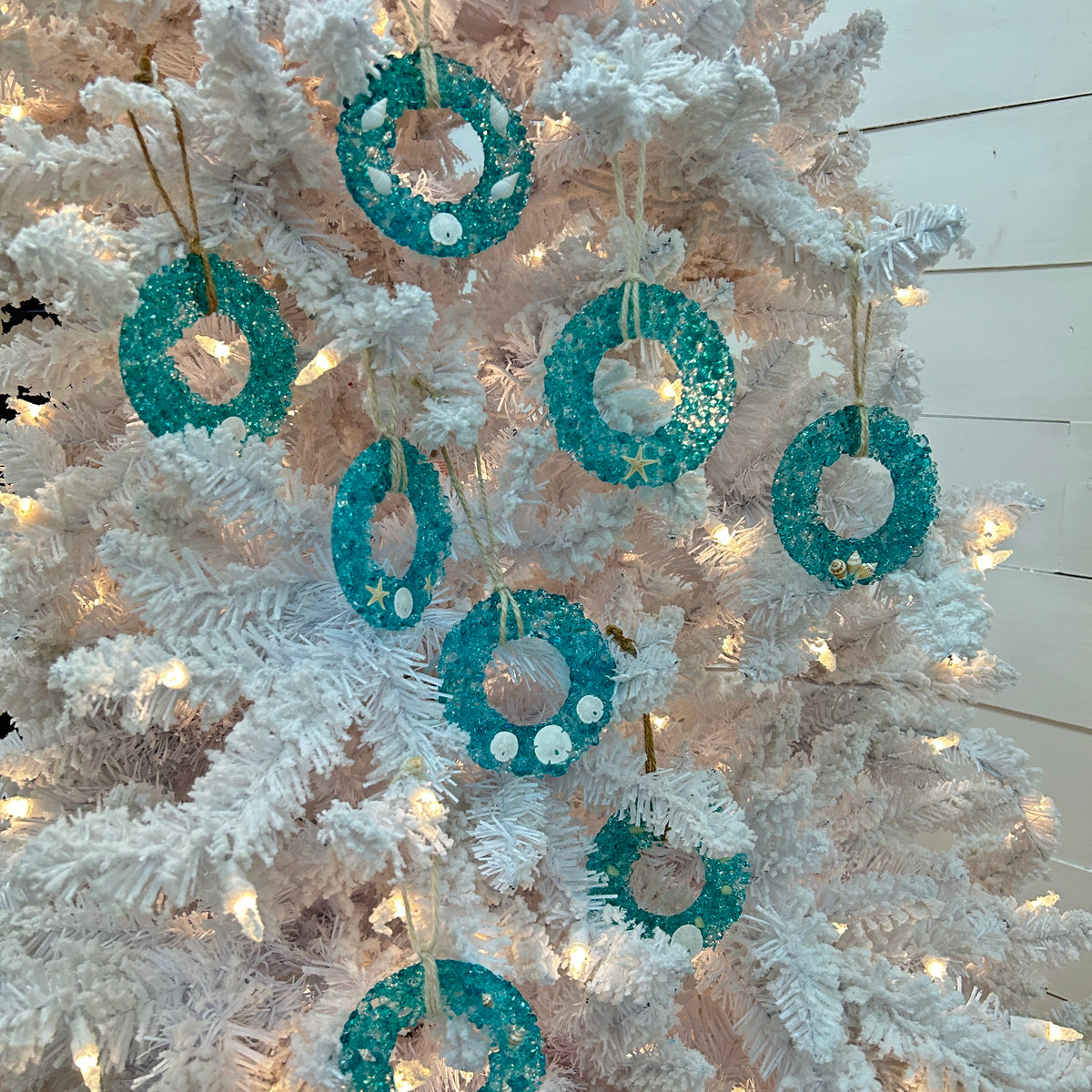 Fused Teal Glass Wreath Ornaments w/ Sea Life Adornments Sunshine & Sweet Peas Coastal Decor