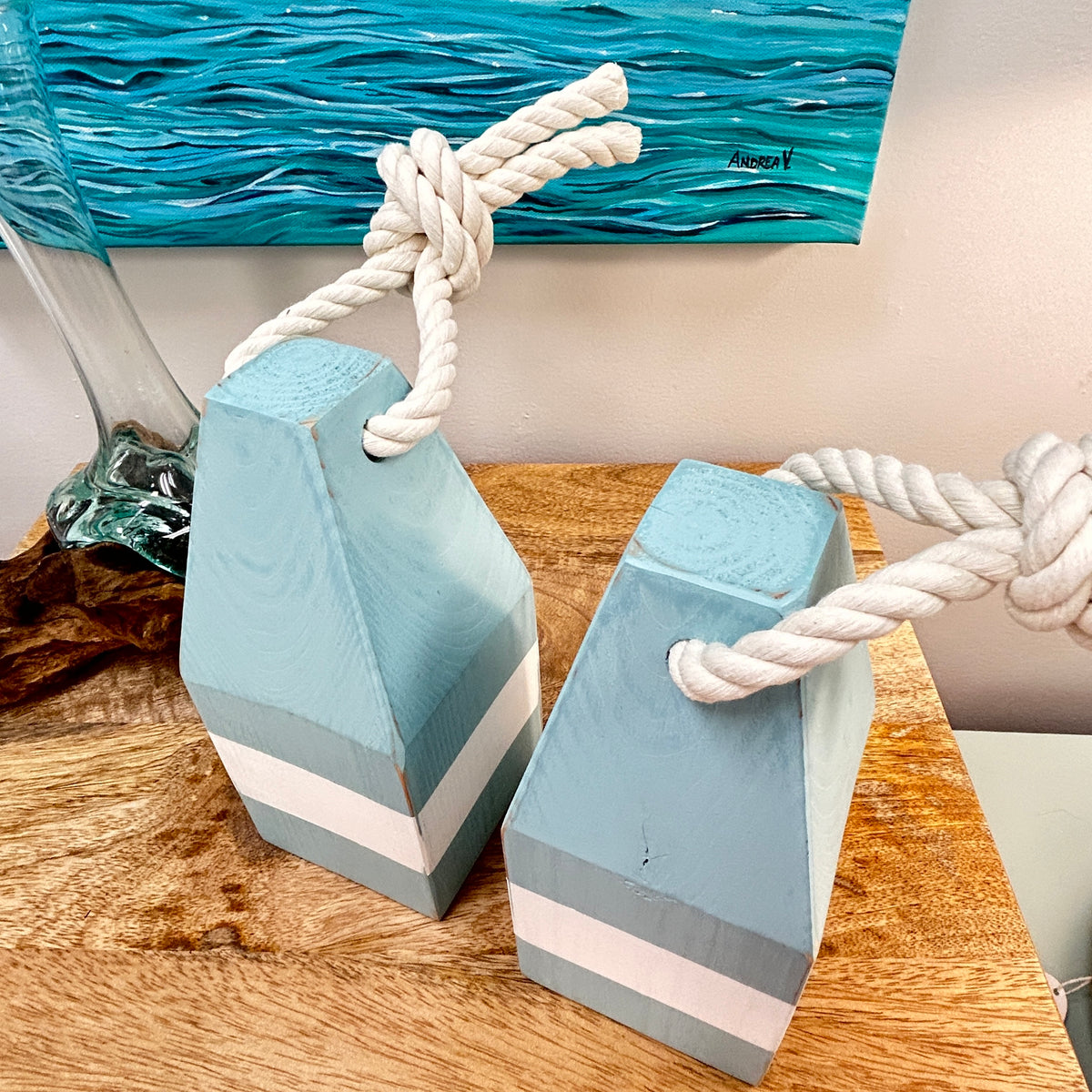 Rustic Wooden Buoy Bookend Set w/ Rope Handles Sunshine & Sweet Peas Coastal Decor