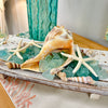 Small Hand Carved Rectangular Wooden Raised Tray Centerpiece w/ Shells, Starfish, & Seaglass