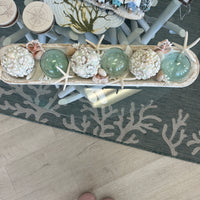 Extra Long Hand Carved Rectangular Wooden Bowl Centerpiece w/ Shells, Sea Glass, Spheres