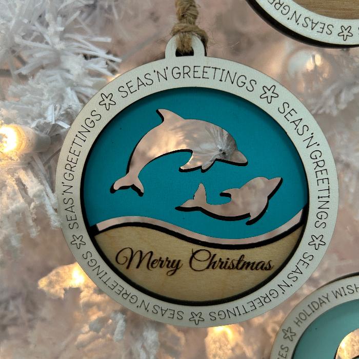 Assorted Round Wooden Dolphin Christmas Ornaments