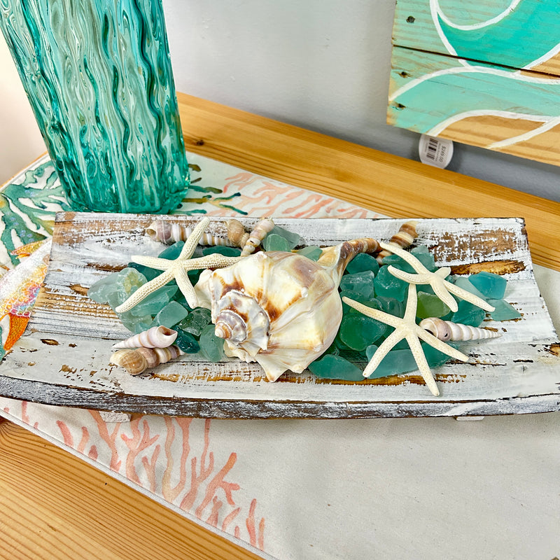 Small Hand Carved Rectangular Wooden Raised Tray Centerpiece w/ Shells, Starfish, & Seaglass