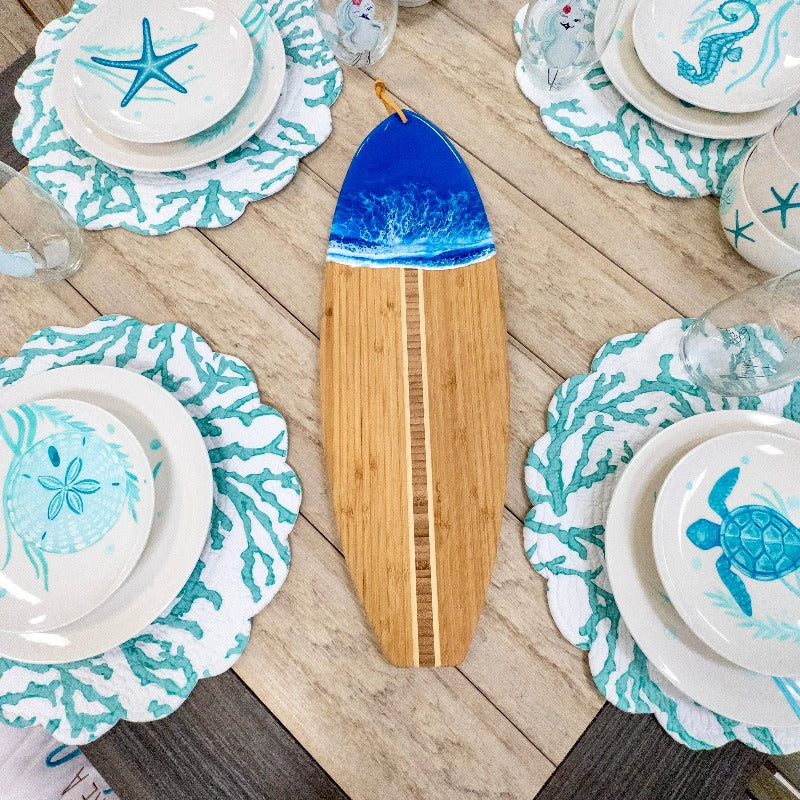 Surfboard Charcuterie Board with Blue Resin - Sunshine & Sweet Pea's Coastal Decor