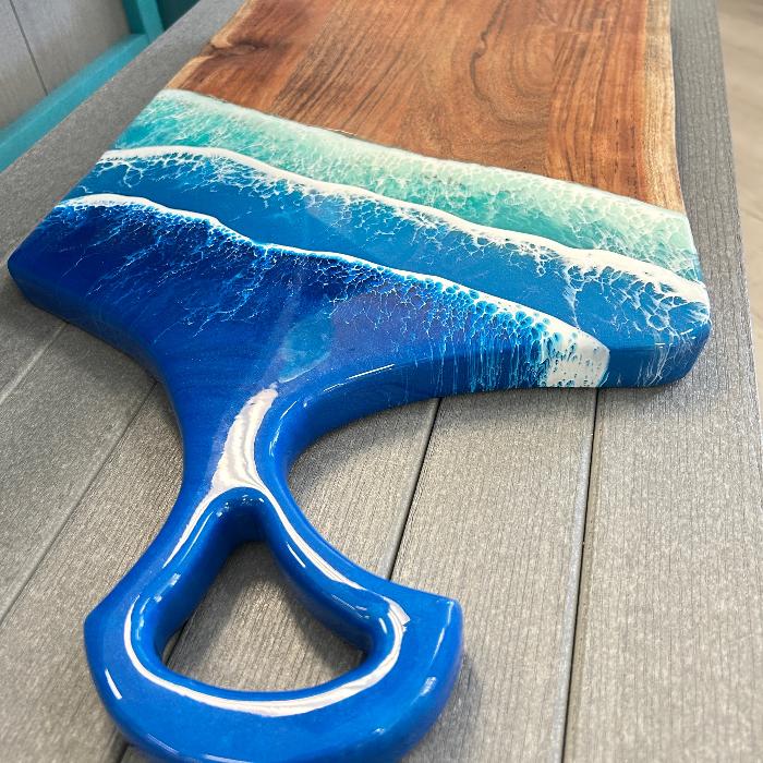 Beach Inspired Blue/Teal  Resin 25" Wooden Charcuterie Board Sunshine & Sweet Peas Coastal Decor