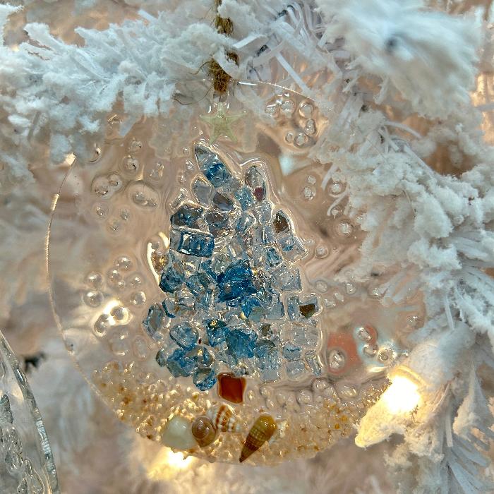 Assorted 4" Acrylic Coastal Tree Christmas Ornaments w/ Glass, Shells, Sand, & Resin Sunshine & Sweet Peas Coastal Decor