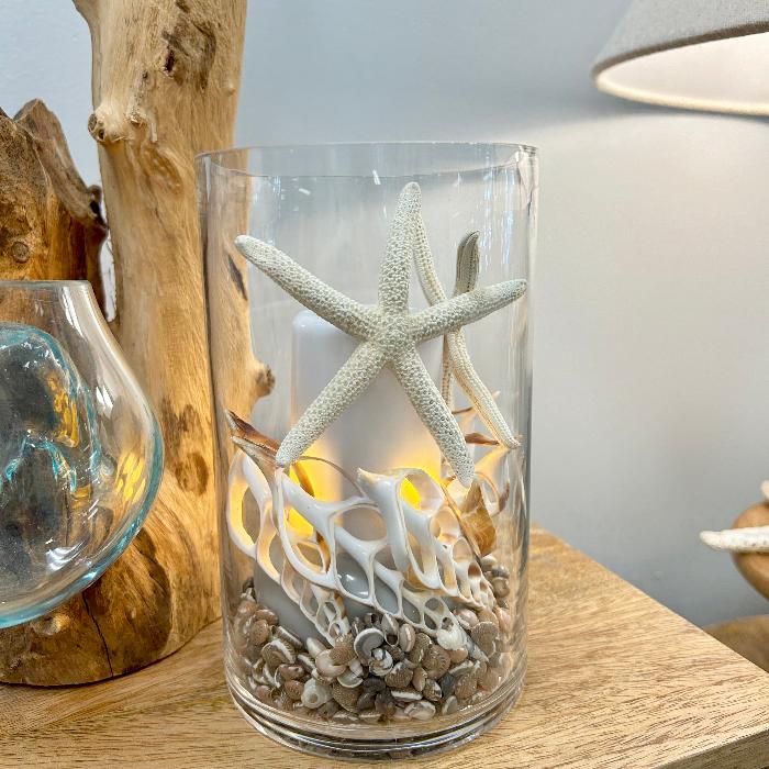 Clear Glass Hurricane w/ Shell filler and Flame Illusion Candle Sunshine & Sweet Peas Coastal Decor