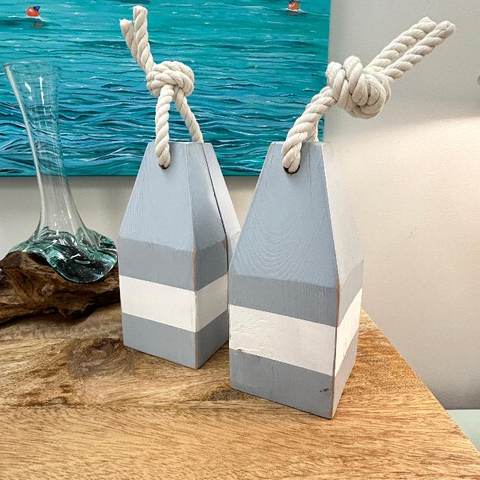 Rustic Wooden Buoy Bookend Set w/ Rope Handles Sunshine & Sweet Peas Coastal Decor