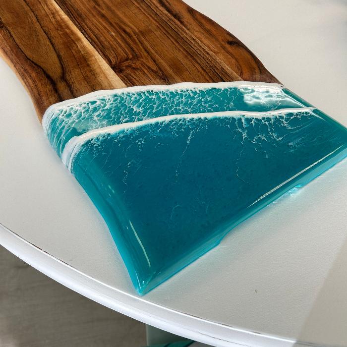 Beach Inspired Teal Resin 27" Live Edge Wood Charcuterie Board Carved Handles Sunshine & Sweet Peas Coastal Decor