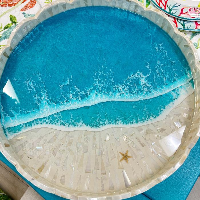 Capiz Shell Inlay Tray w/Teal Resin & Starfish Sunshine & Sweet Peas Coastal Decor