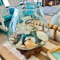 Extra Large Mouthblown Glass Bowl on Driftwood Filled w/ Shells