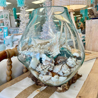 Extra Large Mouthblown Glass Bowl on Driftwood Filled w/ Shells