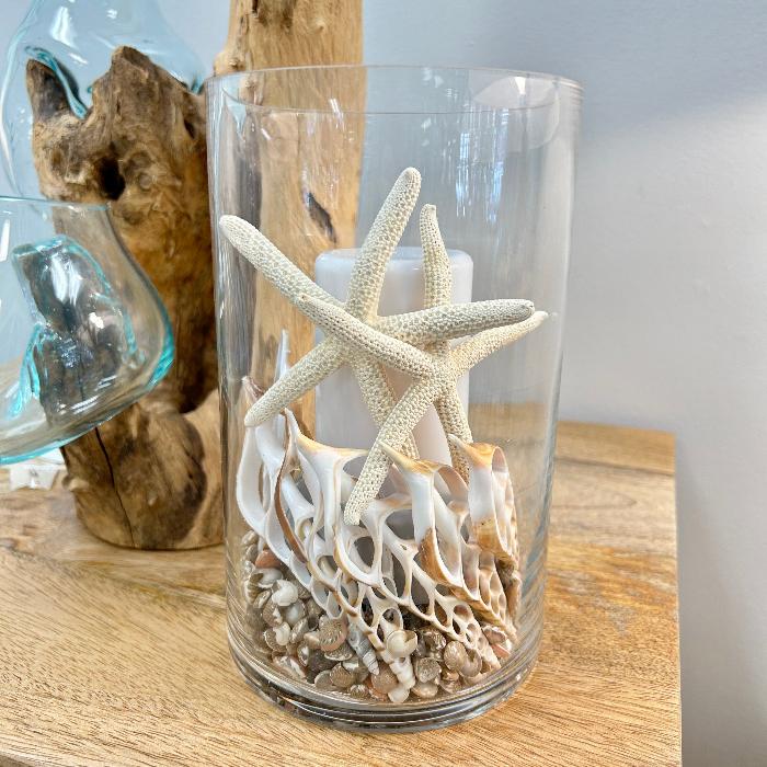 Clear Glass Hurricane w/ Shell filler and Flame Illusion Candle Sunshine & Sweet Peas Coastal Decor