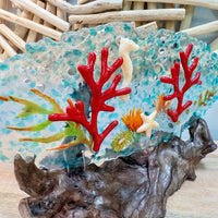 Glass Disc Sculpture w/Coral, Starfish, & Seahorse on Driftwood - Sunshine & Sweet Pea's Coastal Decor