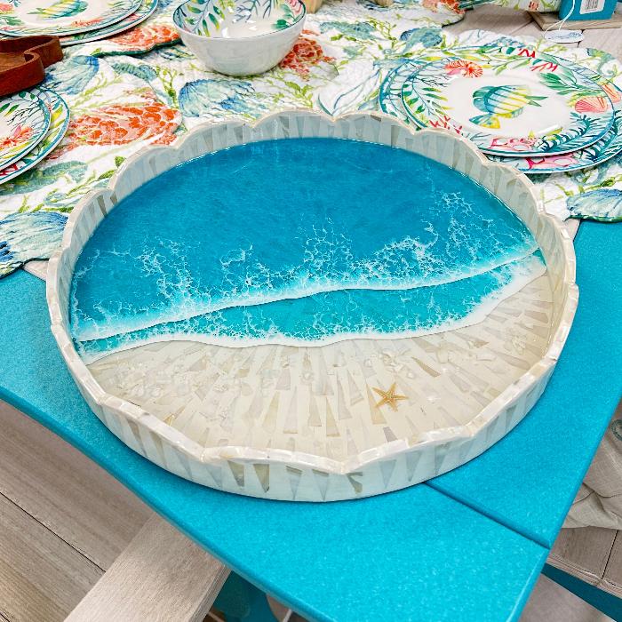 Capiz Shell Inlay Tray w/Teal Resin & Starfish Sunshine & Sweet Peas Coastal Decor