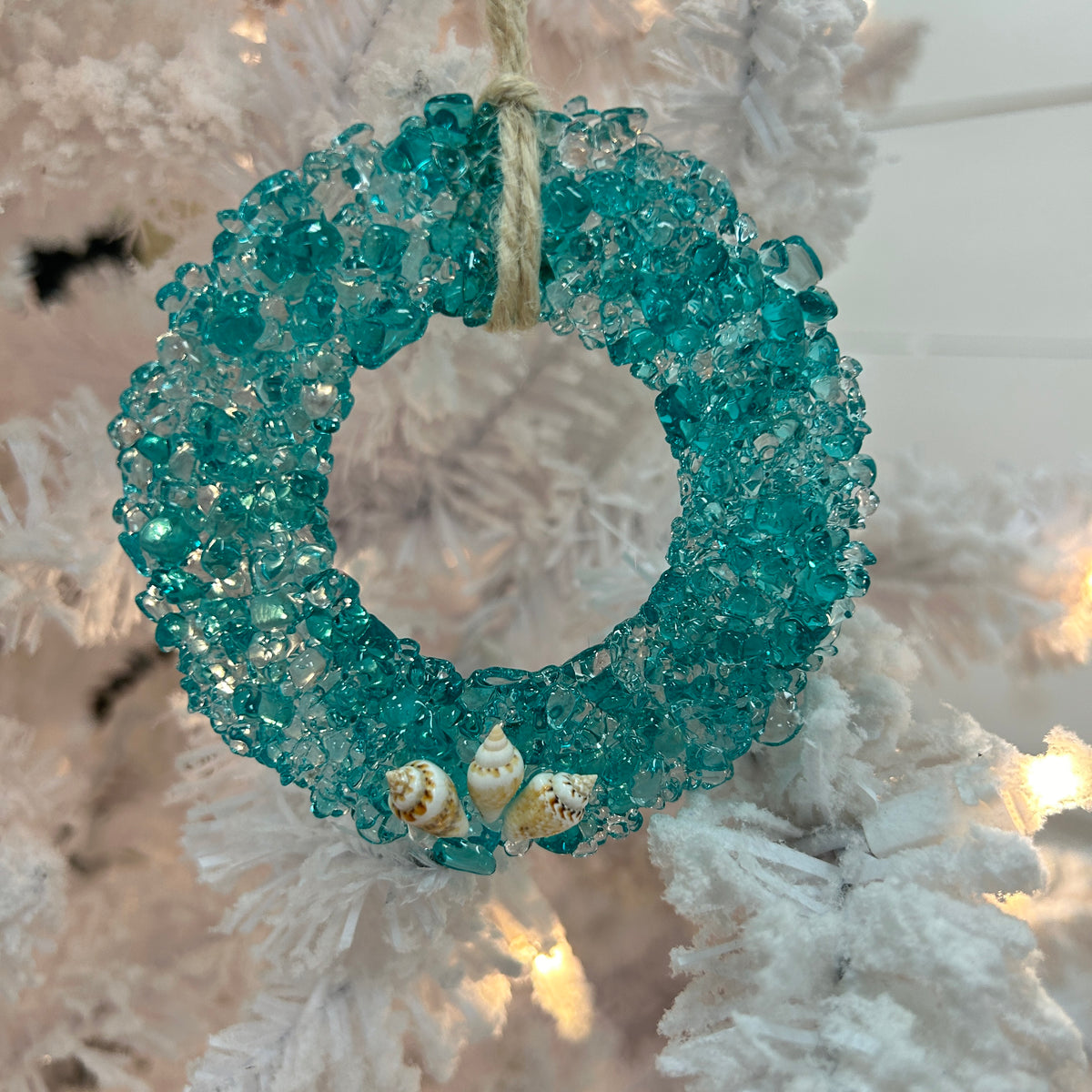 Fused Teal Glass Wreath Ornaments w/ Sea Life Adornments Sunshine & Sweet Peas Coastal Decor