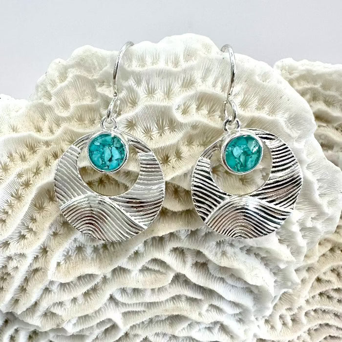 Ocean Waves Drop Sterling Silver Earrings w/Turquoise