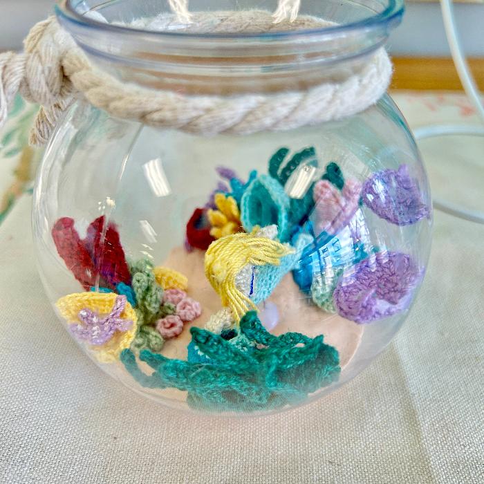 Hand Micro Crocheted Fishbowl w/ Mermaid Sunshine & Sweet Peas Coastal Decor