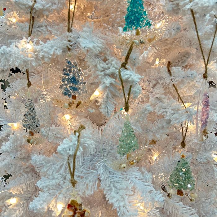 Assorted 4" Acrylic Coastal Tree Christmas Ornaments w/ Glass, Shells, Sand, & Resin Sunshine & Sweet Peas Coastal Decor