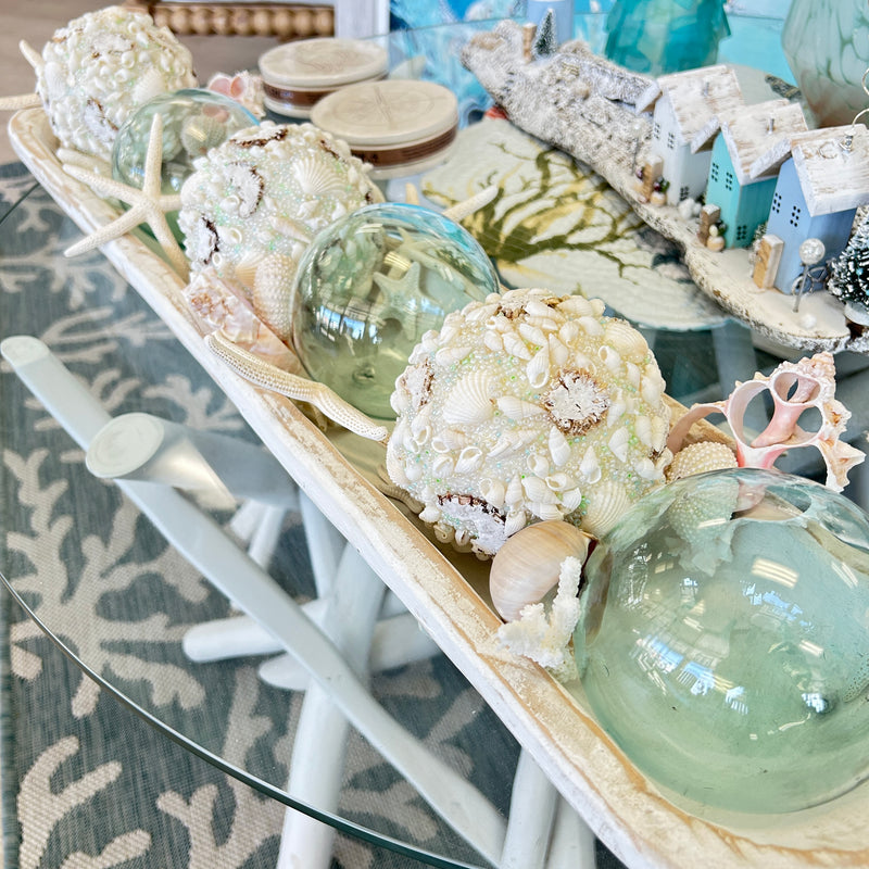 Extra Long Hand Carved Rectangular Wooden Bowl Centerpiece w/ Shells, Sea Glass, Spheres