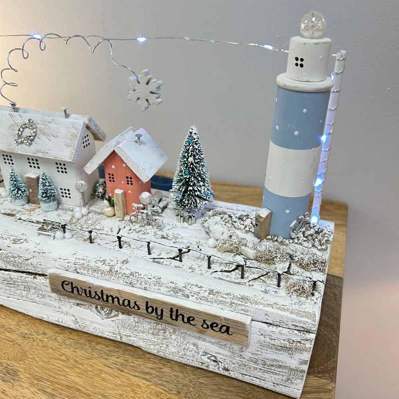 Christmas By The Sea Winter Cottage Scene on Driftwood w/Lighthouse