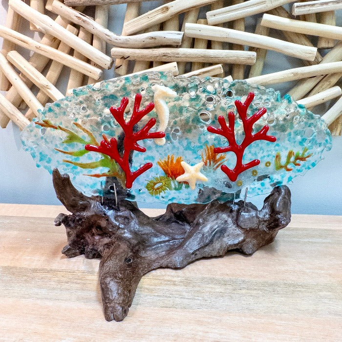 Glass Disc Sculpture w/Coral, Starfish, & Seahorse on Driftwood - Sunshine & Sweet Pea's Coastal Decor