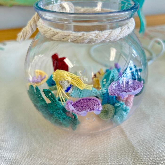 Hand Micro Crocheted Fishbowl w/ Mermaid Sunshine & Sweet Peas Coastal Decor