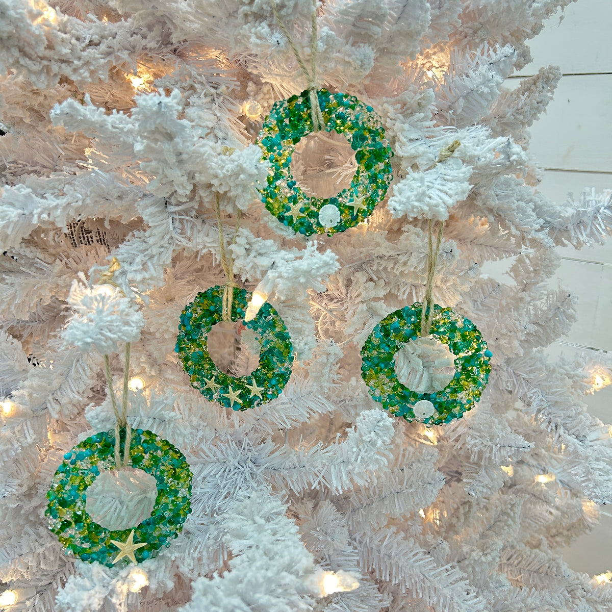 Fused Blue/Green Glass Wreath Ornaments w/ Sea Life Adornments Sunshine & Sweet Peas Coastal Decor