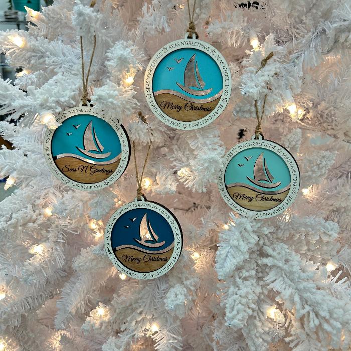 Assorted Round Wooden Sailboat Christmas Ornaments Sunshine & Sweet Peas Coastal Decor