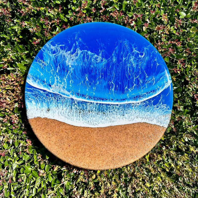 Round Beach Inspired Blue Resin & Dark Sand Coastal Scene 12" - Sunshine & Sweet Pea's Coastal Decor